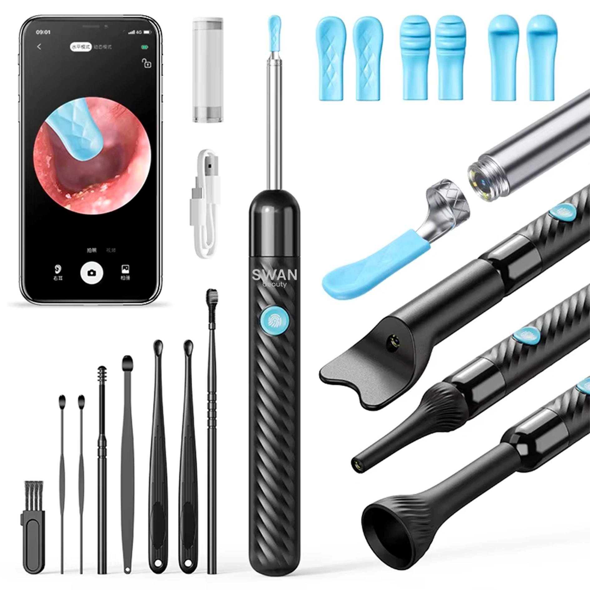 Прибор для чистки ушей и удаления ушной серы с камерой/насадками и камерой WiFi Черный Прибор для чистки ушей и удаления ушной серы с камерой/насадками и камерой WiFi Черный