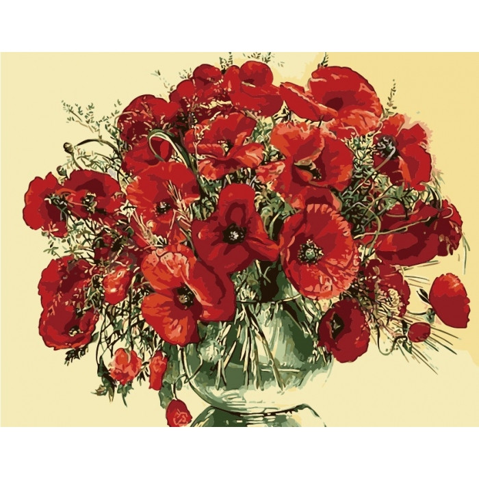 Картина за номерами Червоні маки у скляній вазі 40х50 см (KHO1076)