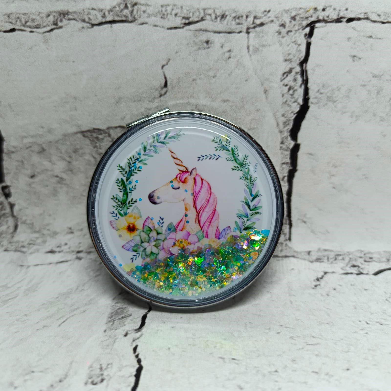 Зеркало карманное косметическое Единорог жидкие блестки 7х7 см (А20-10)