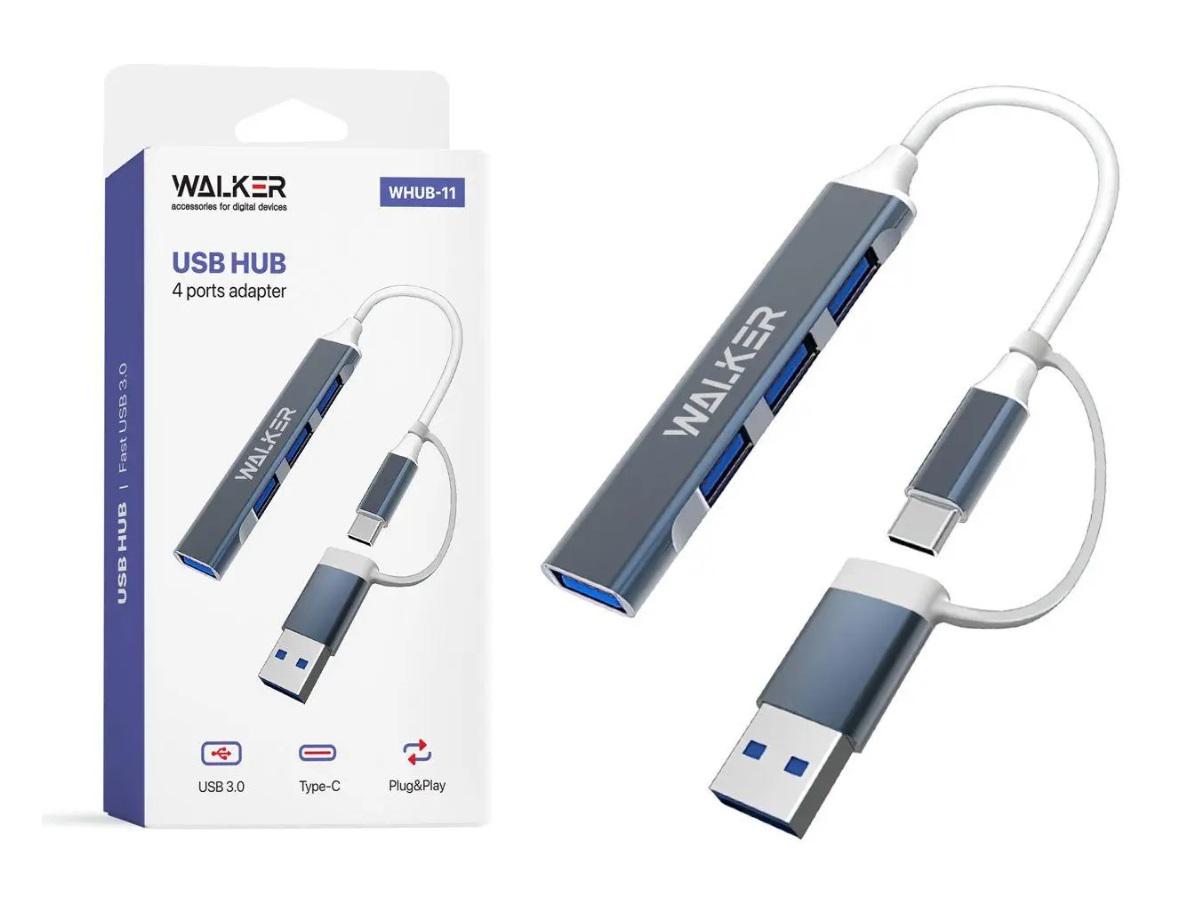 Перехідник Walker USB HUB 4в1 WHUB-11 USB+Type-C to USB 3.0 4 USB порту Чорний