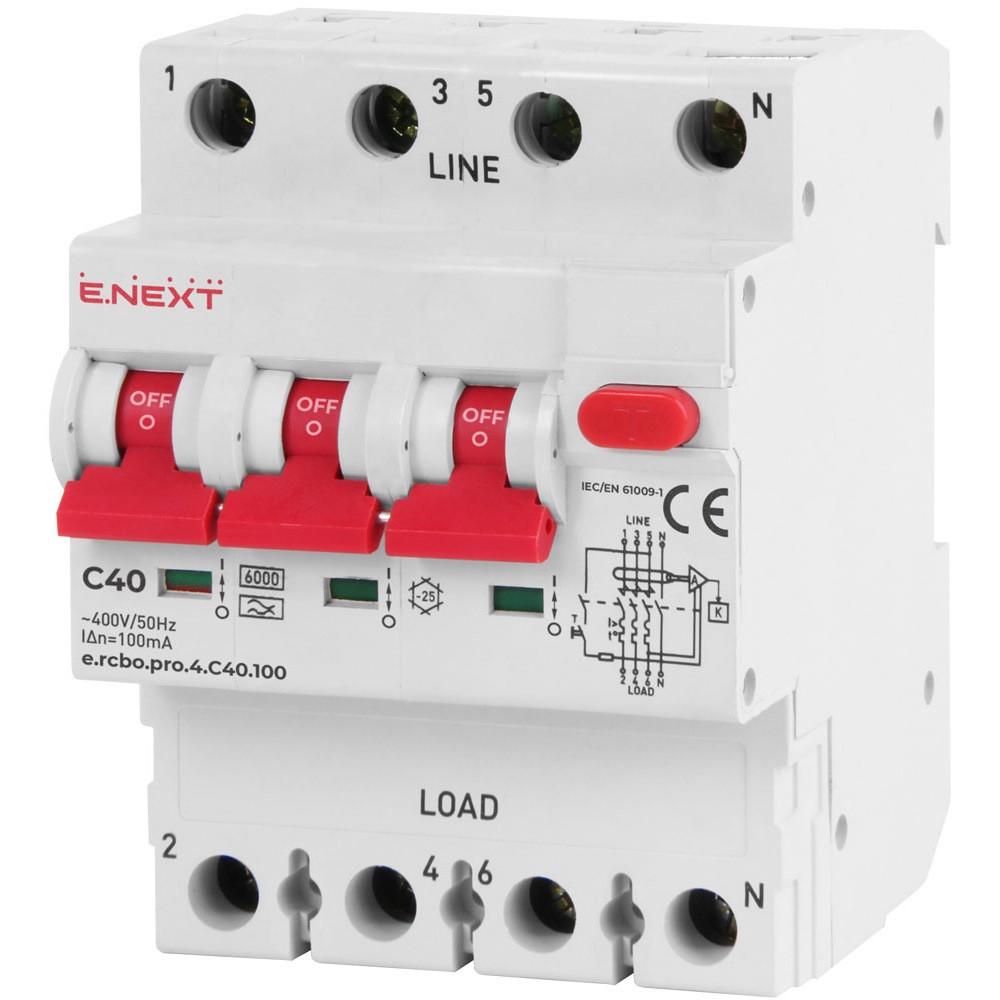 Дифавтомат E.NEXT 40A 100mA 6kA 4 полюси тип C тип A p0720024 e.rcbo.pro.4 (14509)