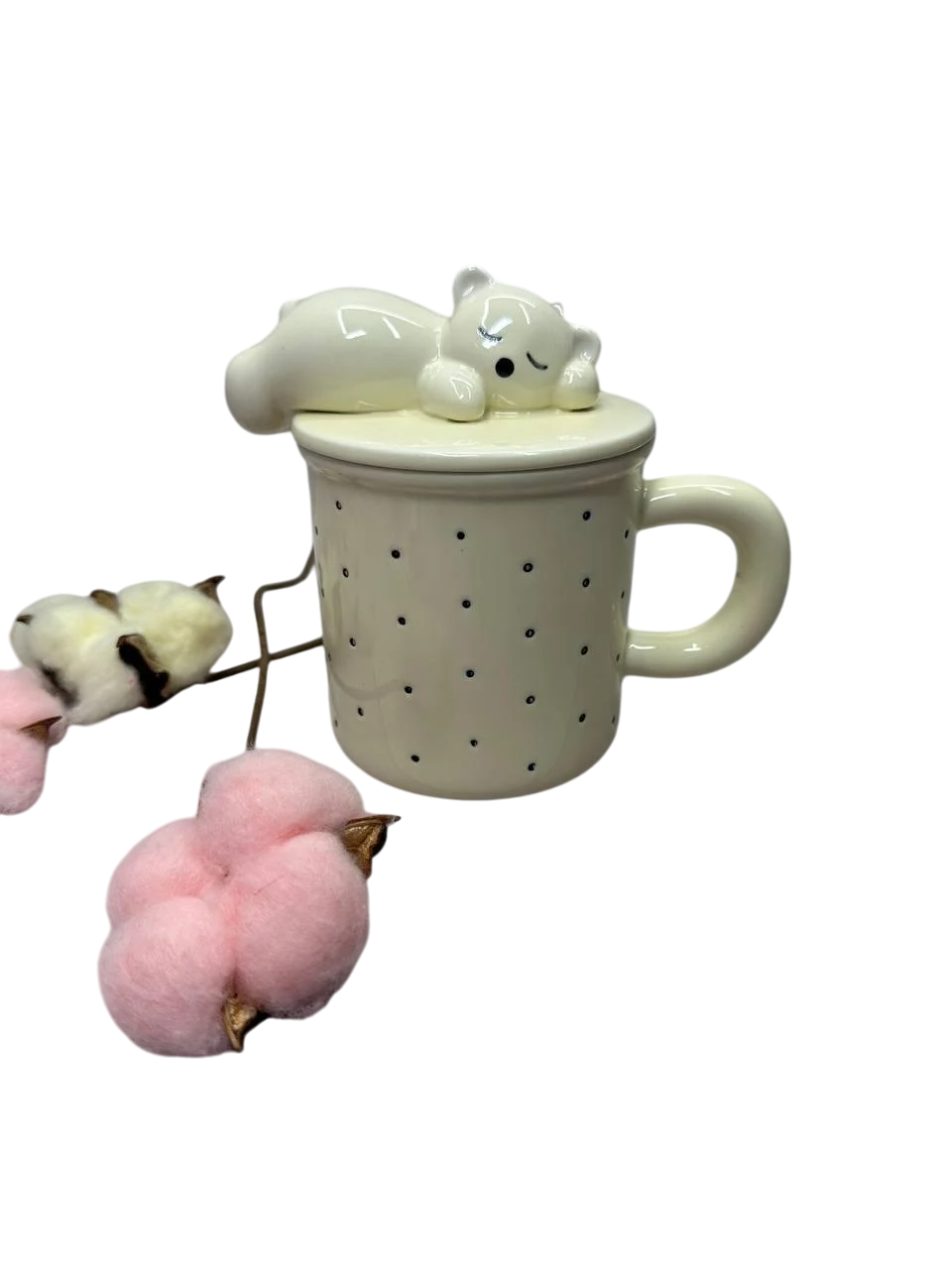 Чашка Olens з кришкою і ложкою Сонне ведмежа 400 мл кераміка Айворі (8030-345)