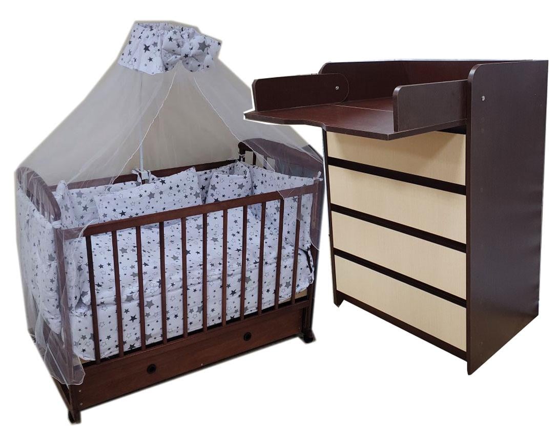 Комплект детской мебели Baby Наталка Марк комод/кровать/матрас/постельный набор 9 эл. Темно-коричневый/Бежевый