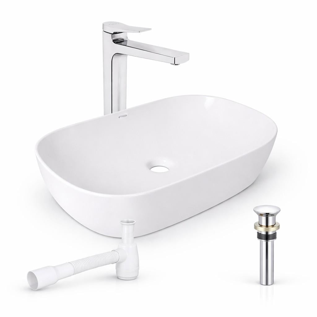 Комплект для ванной Qtap Robin накладная раковина 600×390×150 мм White/смеситель Nando высокий Chrome/донный клапан PU02/сифон