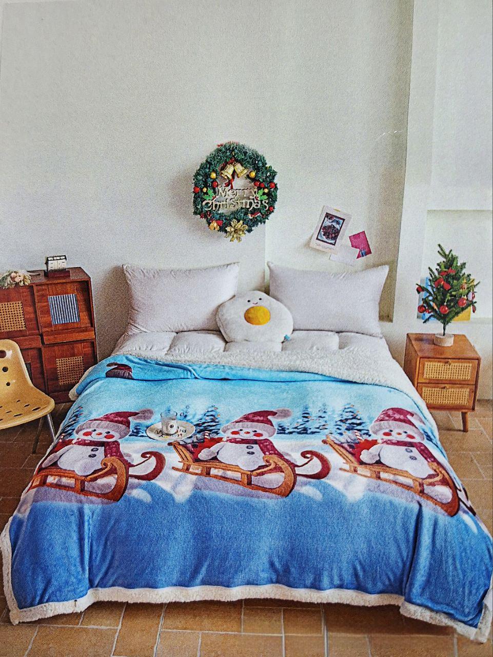 Плед-пододеяло новогодний Malloory Home Снеговик на санках на овчине 200x220 см (2936)