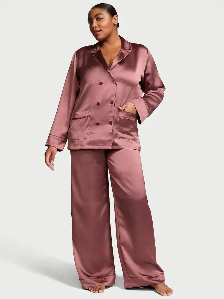 Піжама сатинова сорочка/штани Victoria's Secret Luxe Satin Double-Breasted Long Pajama Set Regular S Коричневий (2681241D)