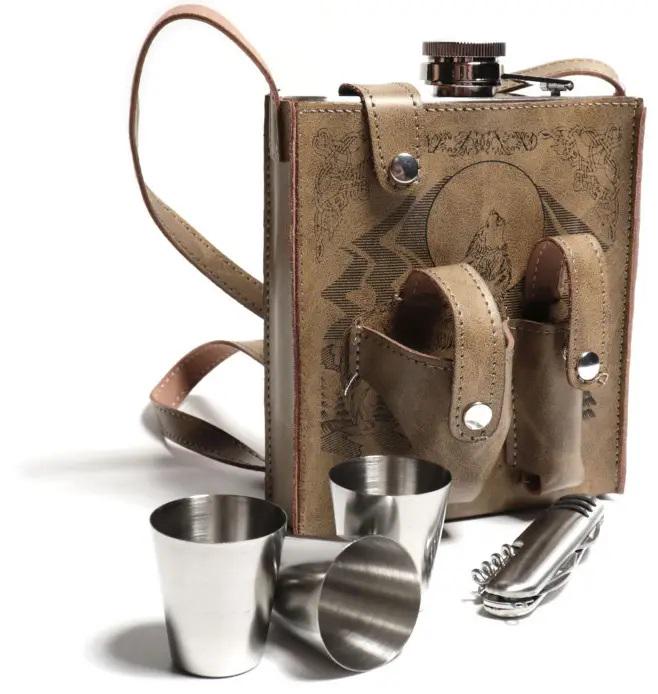 Набор походный Skin фляга 532 мл 3 стопки 30 мл нож в кожаном чехле Brown (F_PT-B)