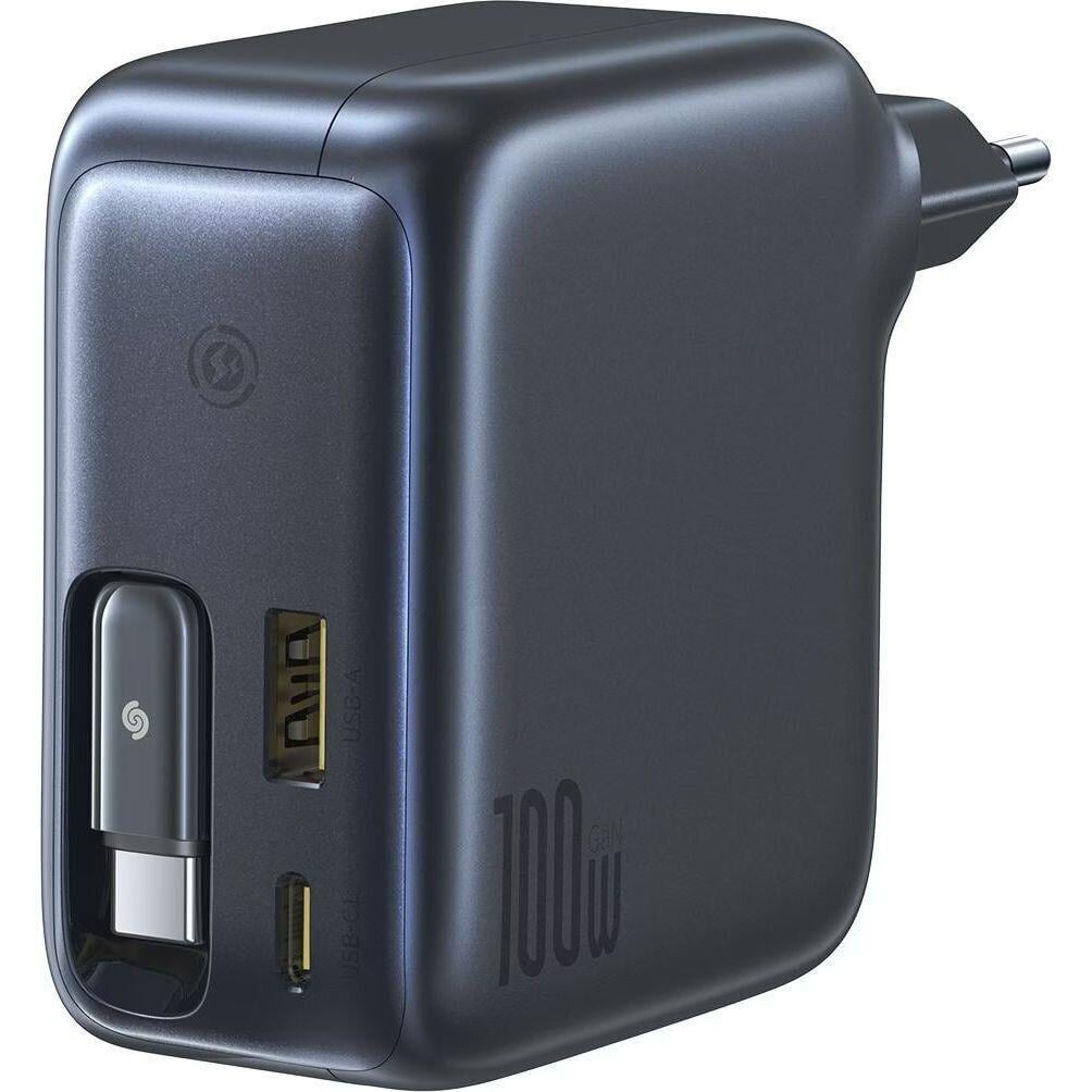 Зарядний пристрій мережевий BASEUS EnerCore CJ11 Fast Charger 2Type-C/USB 100W with Retractable Cable 100W E0120M00 Black