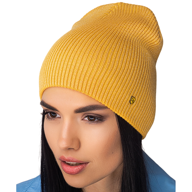 Шапка жіноча Leks ВЕГАС вовняна подвійна без відвороту подовжена рубчик One size Темно-жовтий (121036) - фото 1