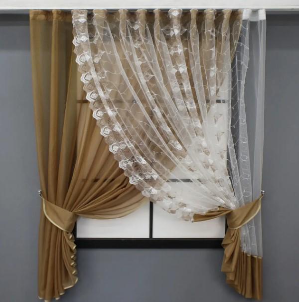 Занавеска на кухню с подвязками 310х170 см Коричневый/Белый (101к)