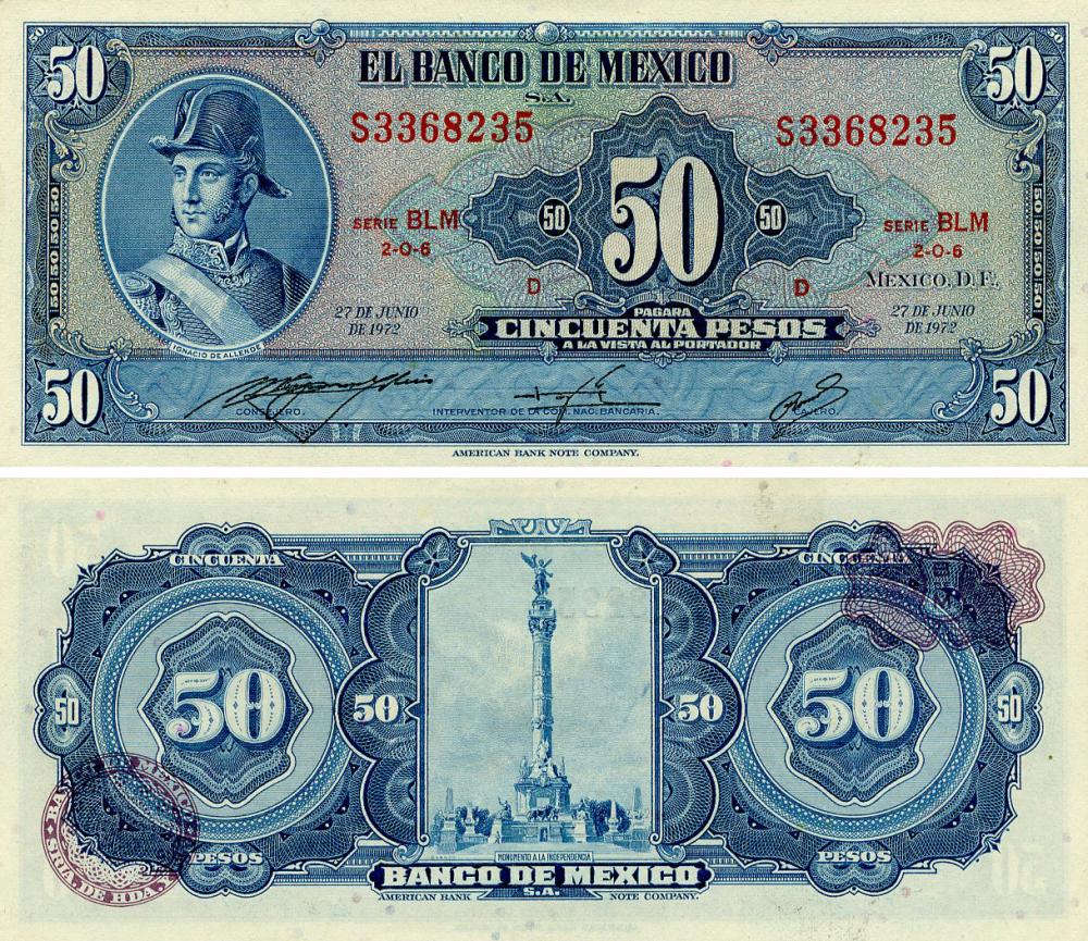 Коллекционная банкнота Мексика 50 песо 1972 AU-UNC P49t (Б24469)