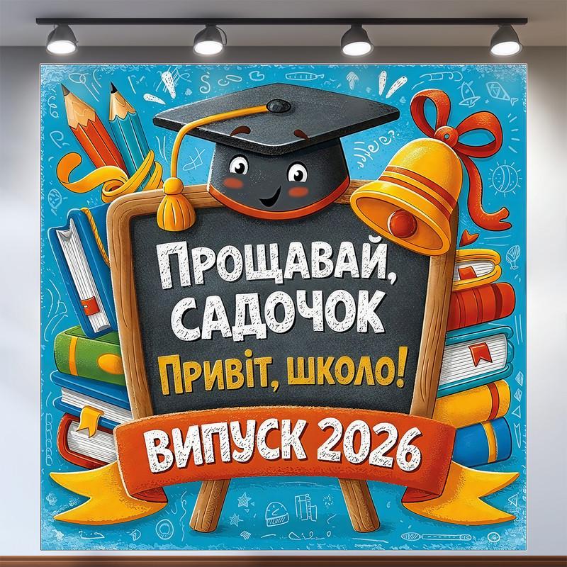 Баннер для фотозоны "Випуск 2026 Прощавай садочок Привіт школо" с колокольчиком и книгами 120х120 см