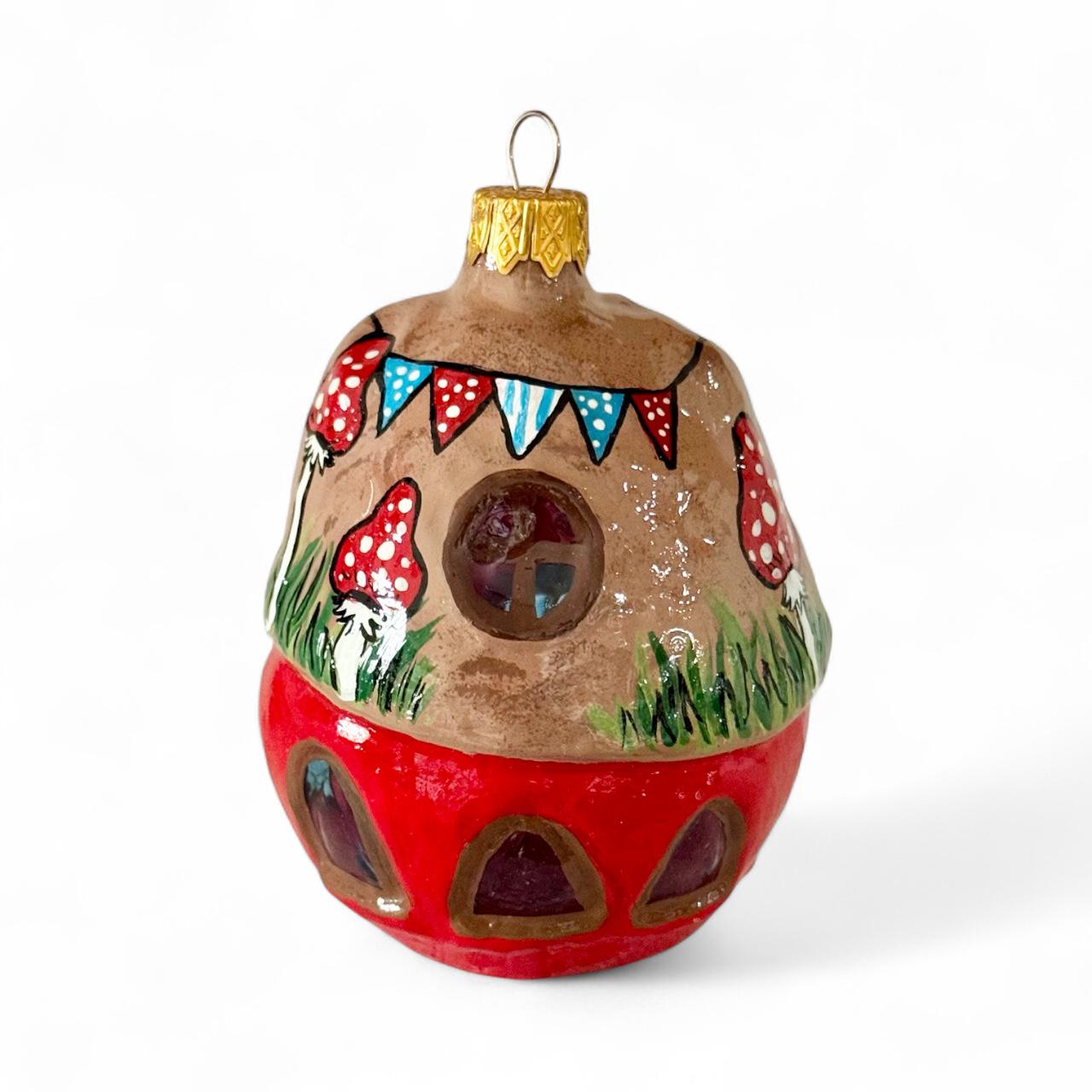 Игрушка на елку Домик круглая из стекла (F-245-1)