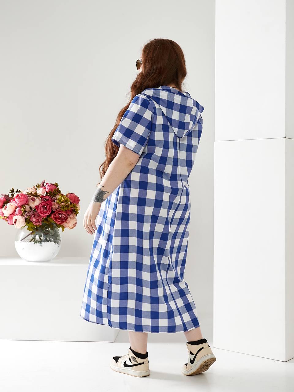 Платье длинное Клетка коттон с капюшоном р. 60-62 Синий (1376) - фото 3