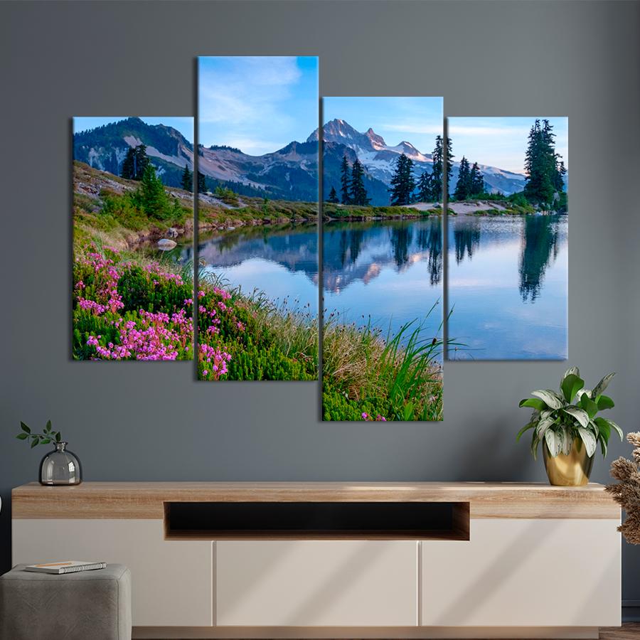 Картина природа Розовые цветы на берегу озера в горах 89x56 см (A1109-4)