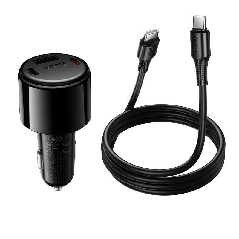 Автомобильное зарядное устройство HOCO Z69B Vivido 57W 2xUSB-C+USB-A с цифровым дисплеем + кабель Type-C to Type-C Black