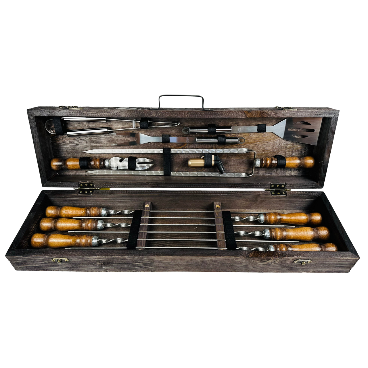 Набор шампуров туристический для пикника и кемпинга Дровосек в кейсе с дерева