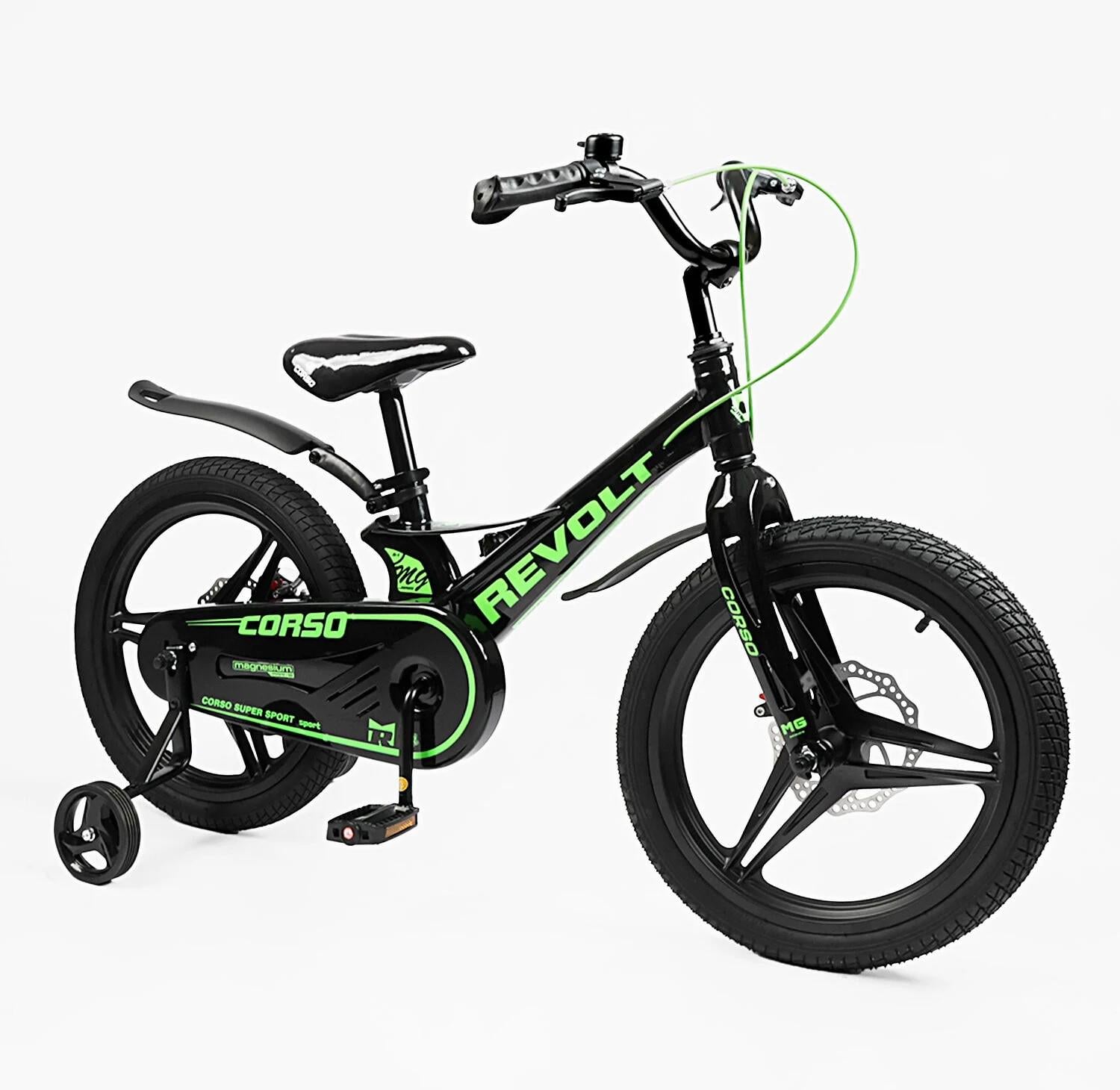 Детский велосипед Corso Revolt двухколесный 18" с дополнительными колесами Черный (RV-18006)