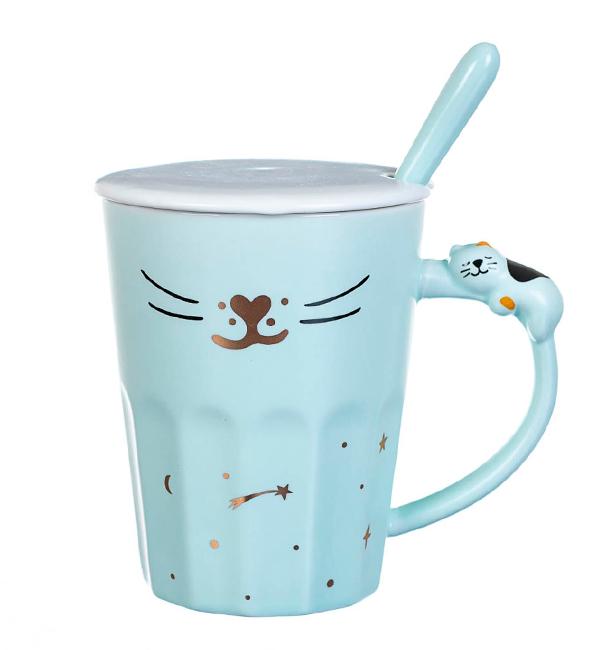 Чашка керамическая Котик с ложечкой и крышечкой 300 мл Бирюзовый (514056)