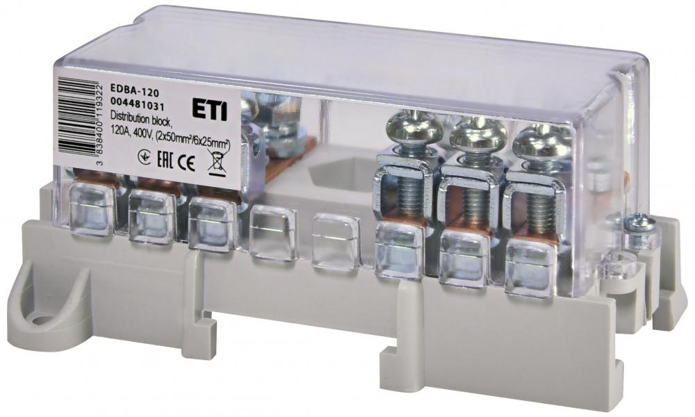 Блок распределительный ETI EDBA-120 120А 2х50 мм2/6х25 мм 400 В на DIN-рейку (4481031)