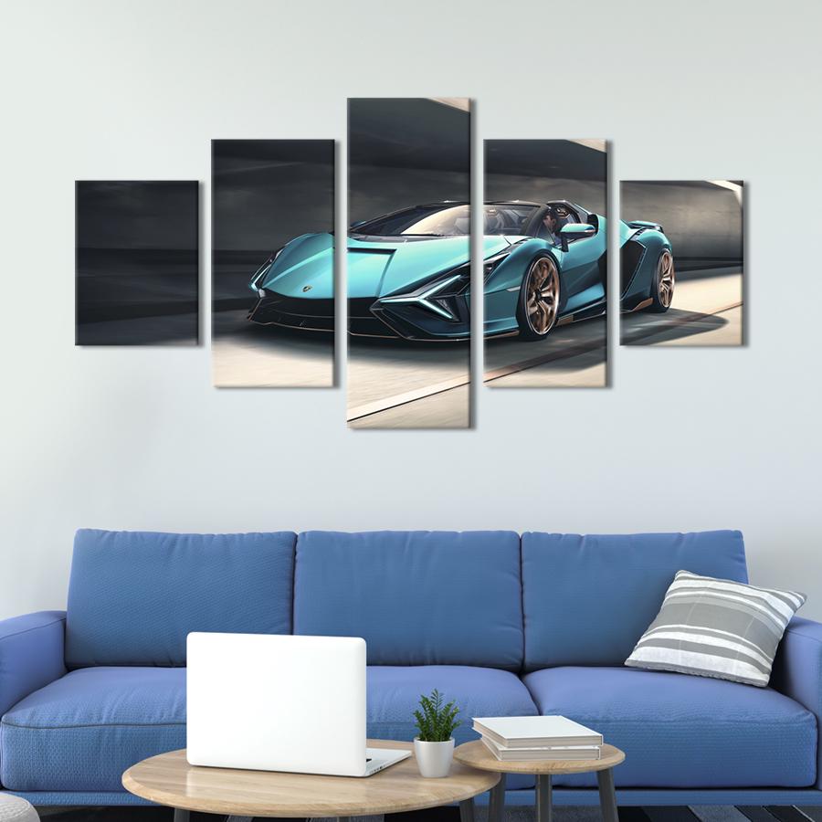 Картина на холсте Роскошный лазурный Lamborghini Sian Roadster 112x54 см (1274-52)