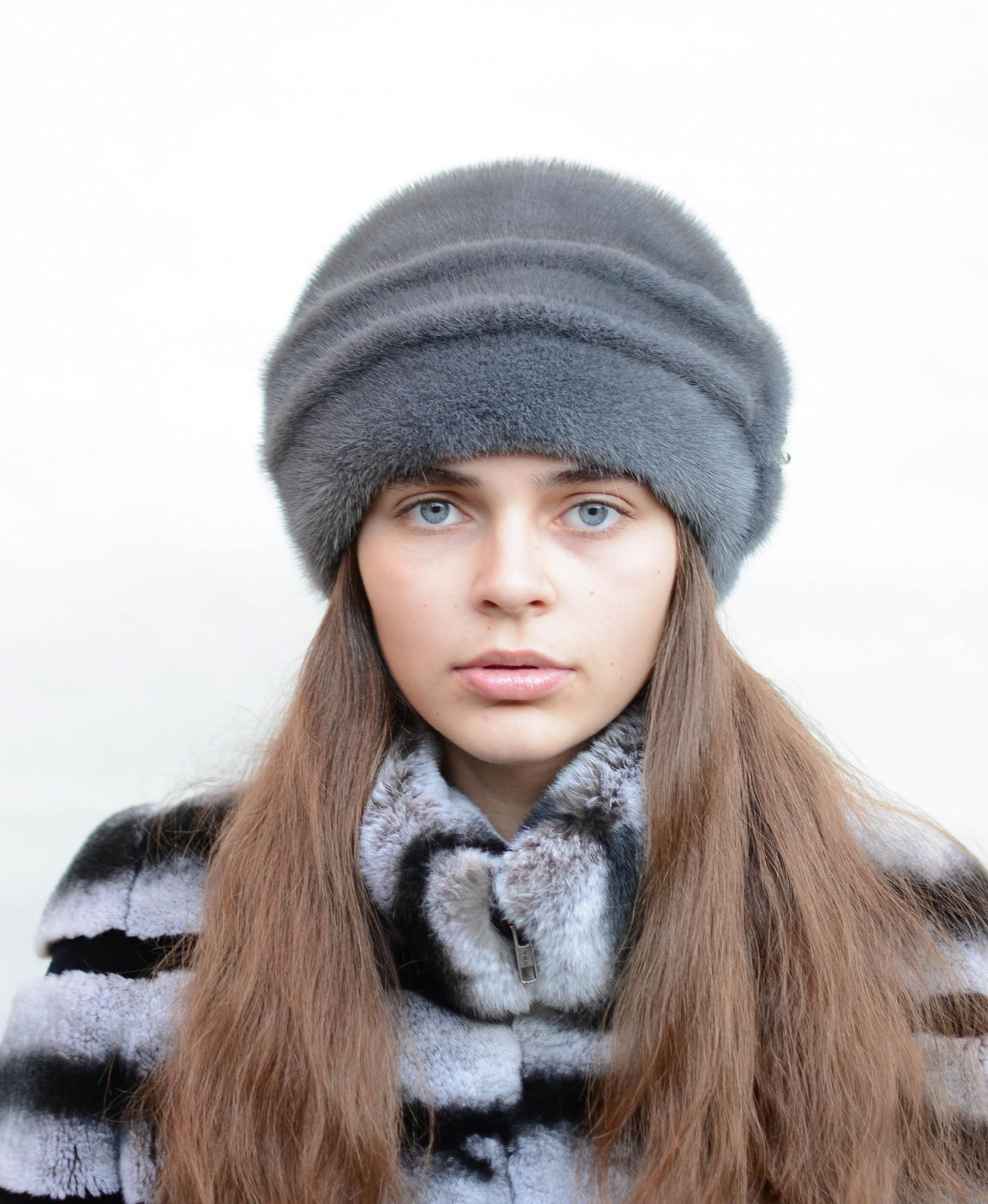 Женская шапка Меховой стиль Шарик из натурального меха норки XL-XXL Средний ирис (044/C)