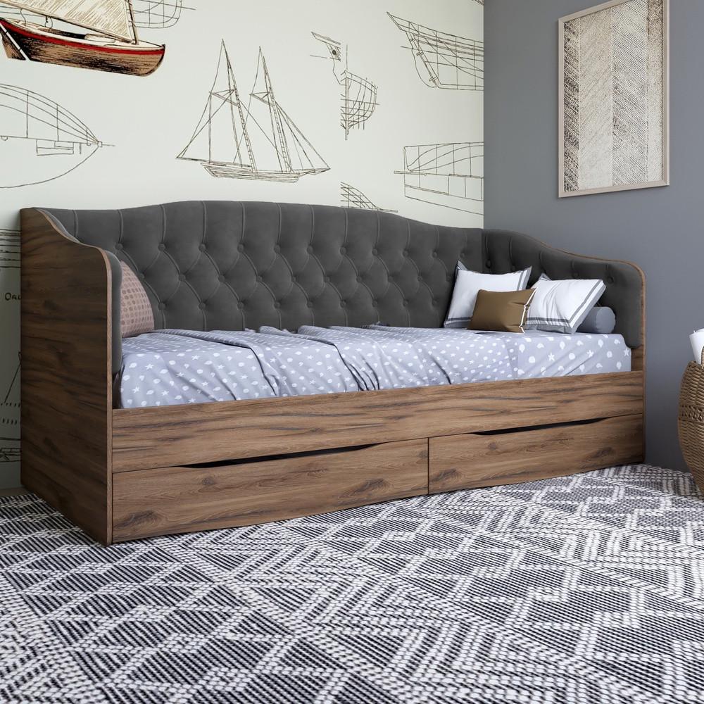 Кровать детская односпальная Lion Л-9 с мягкой спинкой и выдвижными ящиками 190x90 см Дуб Ливорно/Лили-95 (Lion-041490)