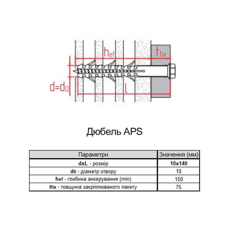 Дюбель Metalvis APS-H 10х135 притиск 75 мм нейлон з шестигранним гвинтом 50 шт. (92A20000092A2X0A4E) - фото 2