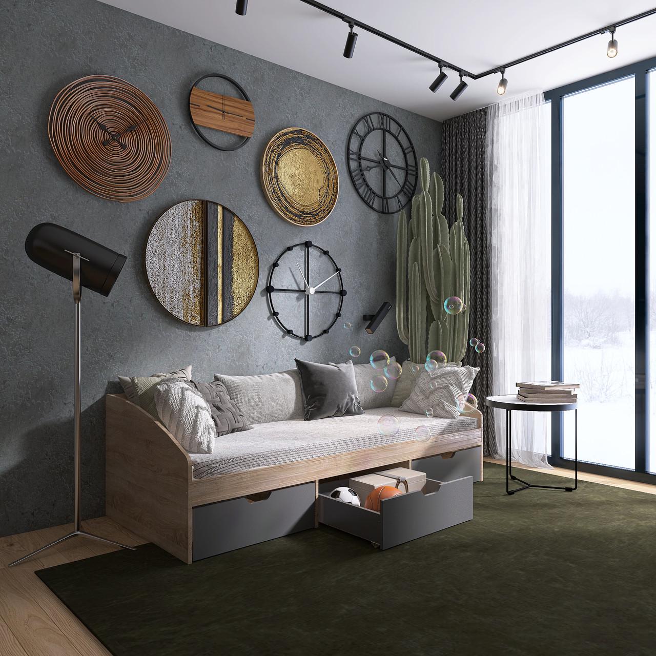 Кровать односпальная Еверест с ящиками Комфорт-3 сплошной щит 80x190 см Дуб сонома/Графитовый (EVR-20709)