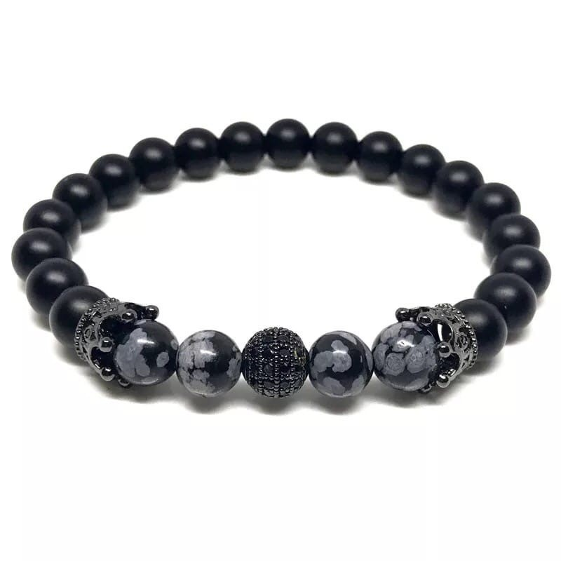 Браслет із шунгіту та обсидіана з кулею та коронами р. 19 Чорний/Сірий (90049)