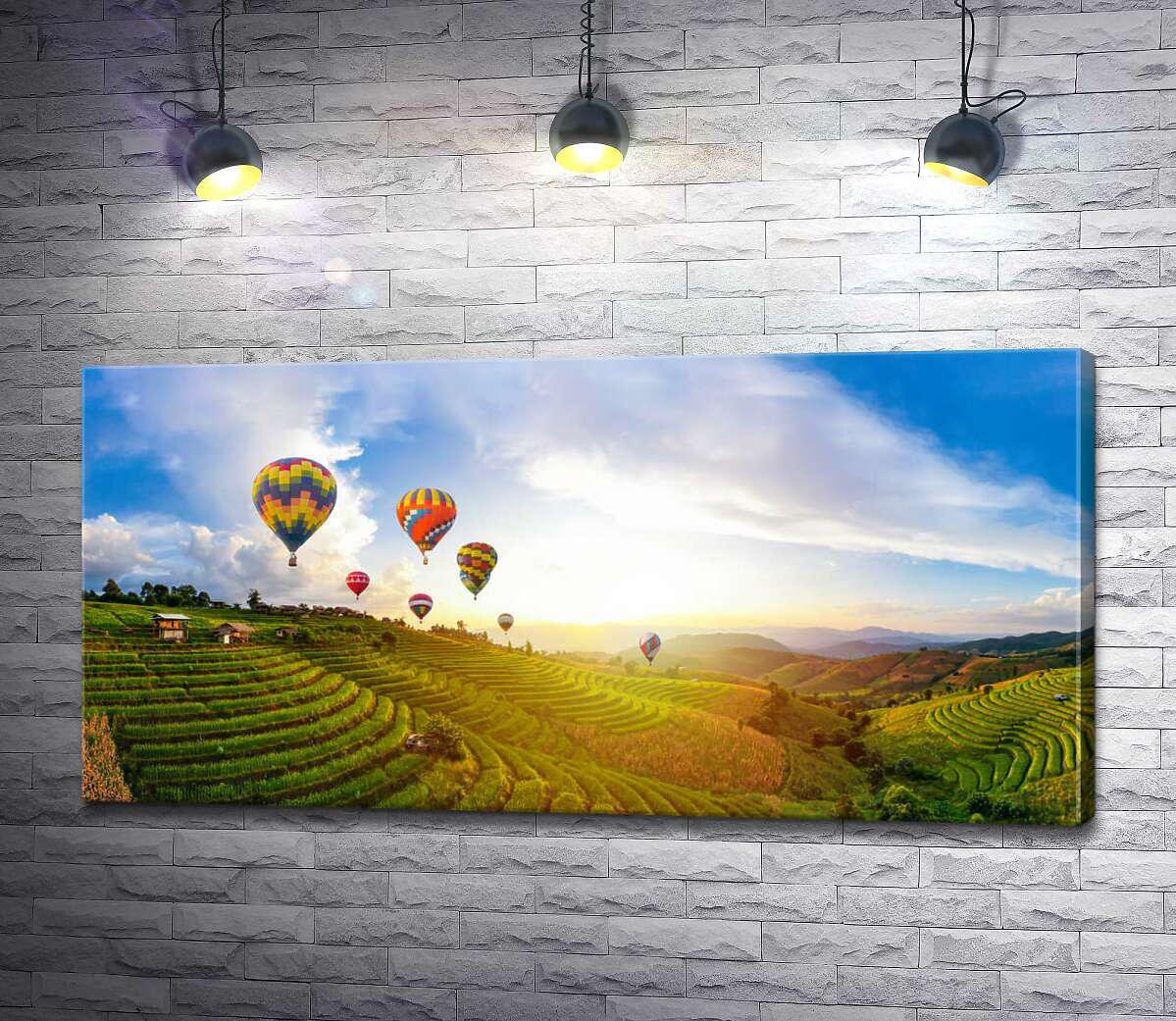 Картина ArtPoster Яркие воздушные шары плывут над террасами рисовых полей 130x64 см Модуль №1 (003937)