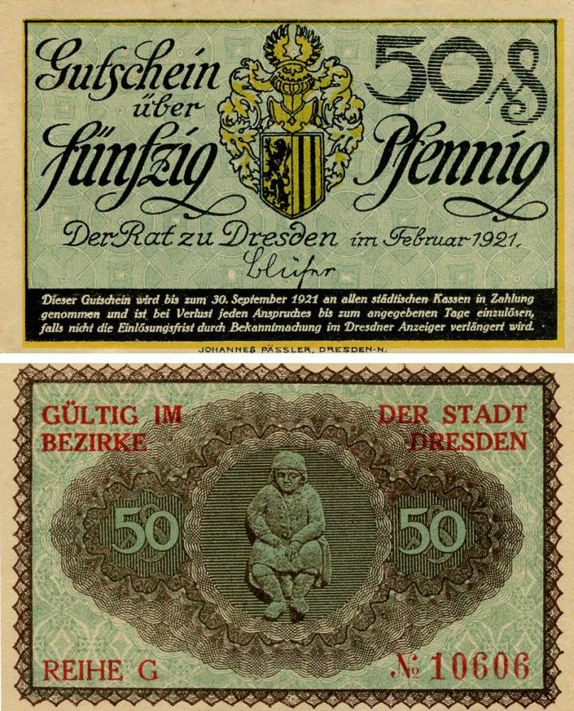 Коллекционная банкнота Германия Нотгельд 50 пфеннигов 1921 F-VF Дрезден Разновидность 1 (Б18760)