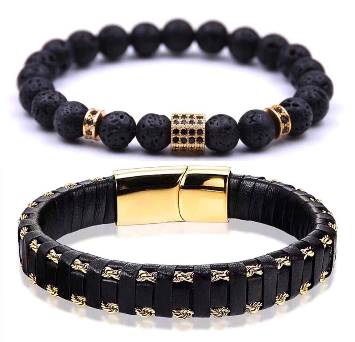 Комплект браслетів зі шкіри та лавового каменю з багатогранником та дисками на застібці р. 18,5 (17896932)