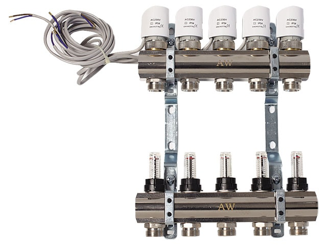 Коллектор с расходомерами Aqua-World 1"Х3/4 на 3 выхода с сервоприводами 220 В