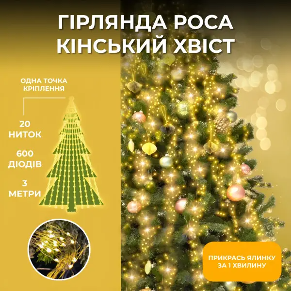 Гірлянда Кінський хвіст 600 LED 20 ниток 3 м Жовтий - фото 2