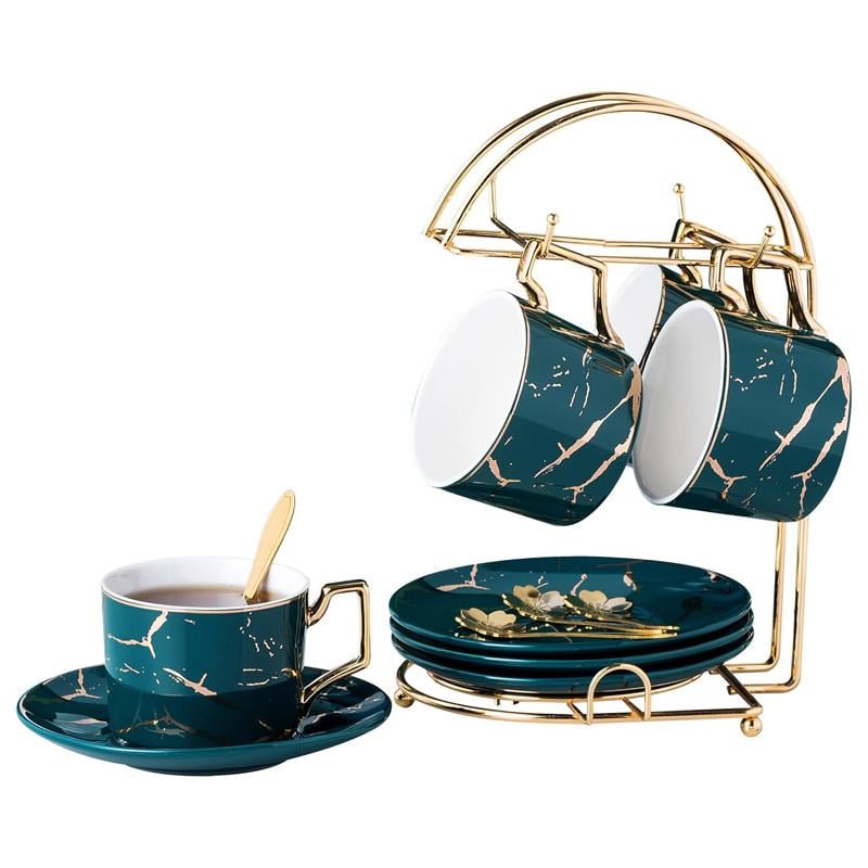 Сервиз чайный подарочный Lesko Мраморная роскошь чашки 4 шт./блюдца 4 шт./ложки 4 шт. с подставкой Green (28525444)