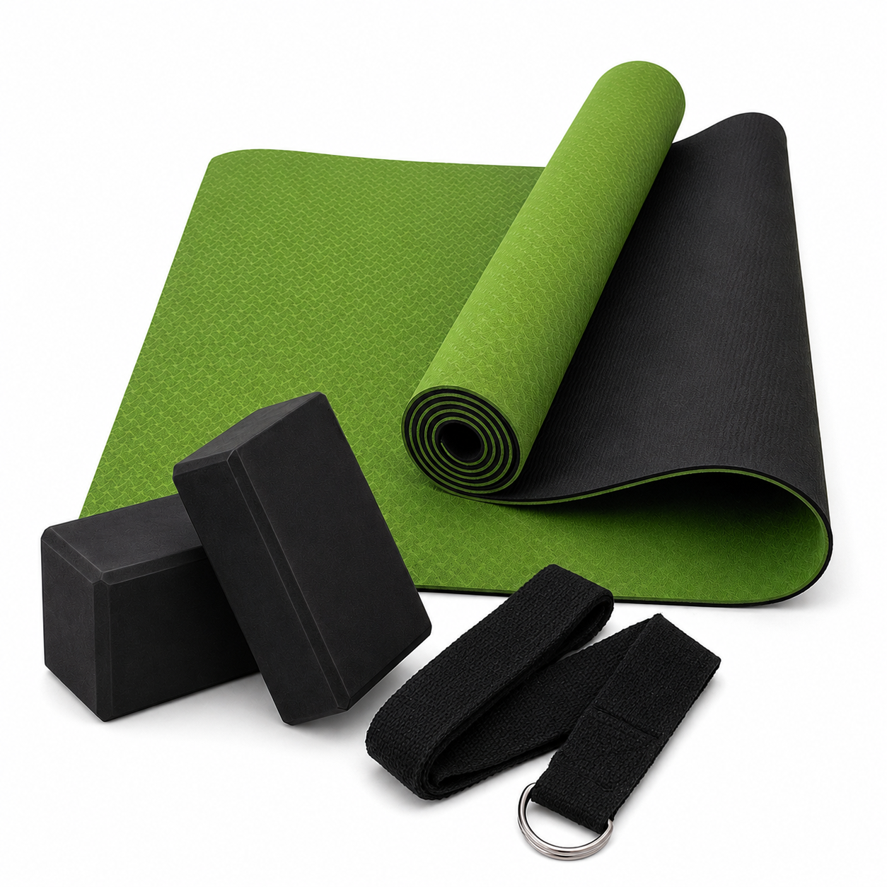 Подарочный набор для йоги Feel Fit Коврик двухсторонний 183х61 см 2 блоки и ремень для йоги Зеленый