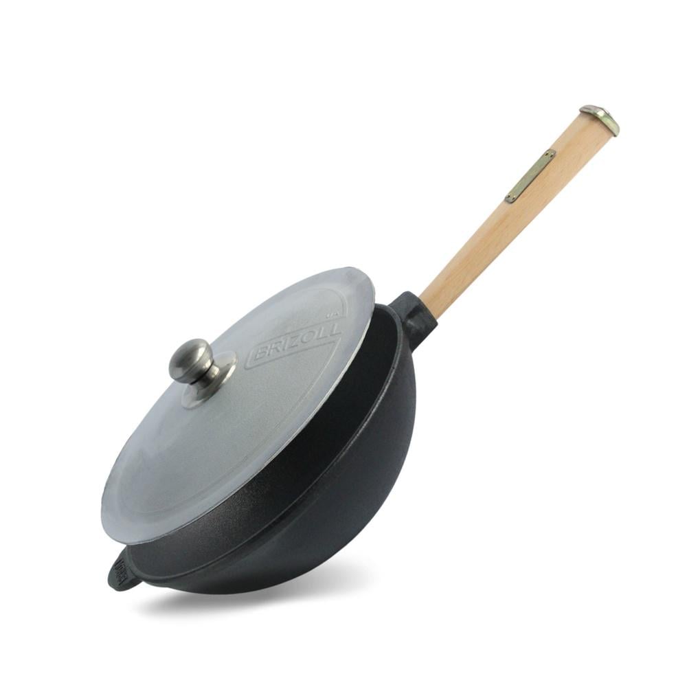 Сковорода Brizoll WOK чавунна з дерев'яною ручкою та алюмінієвою кришкою 2,2 л 240х70 мм (93-90-W24H-4)