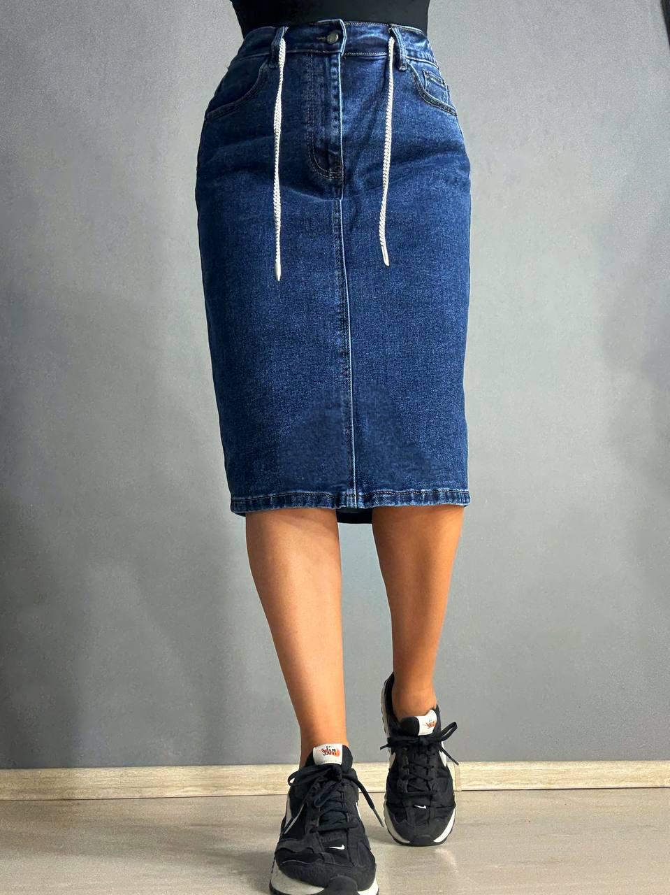 Юбка женская джинсовая Vanver 8237 резинка шнурок с разрезом вареная миди р. 34 Синий (4781) - фото 8