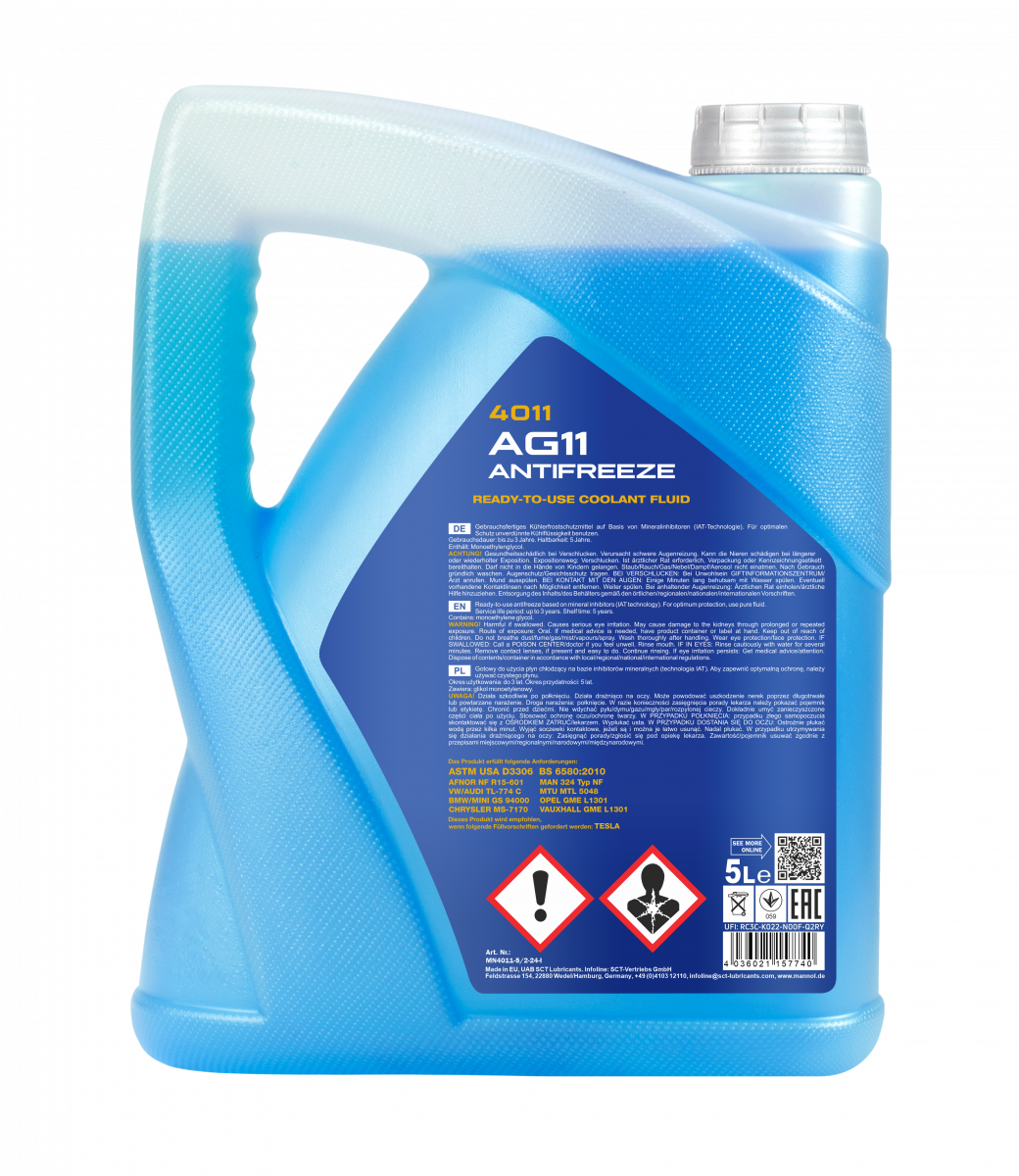 Антифриз Mannol 4011 Longterm Antifreeze AG11 -40°C готовый раствор 5 л Синий (MN4011-5) - фото 2