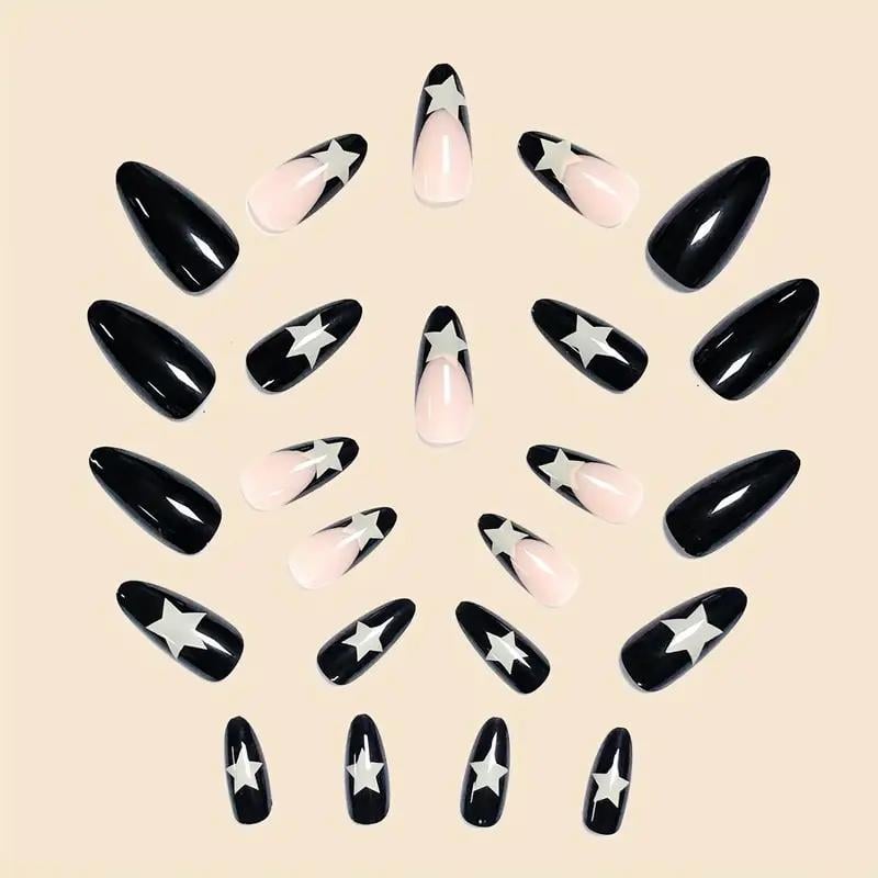 Накладные ногти Звезды миндаль средней длины с клеевыми пластинами 24 шт. Черный с белым (2789190667) - фото 3 Накладные ногти Звезды миндаль средней длины с клеевыми пластинами 24 шт. Черный с белым (2789190667) - фото 3