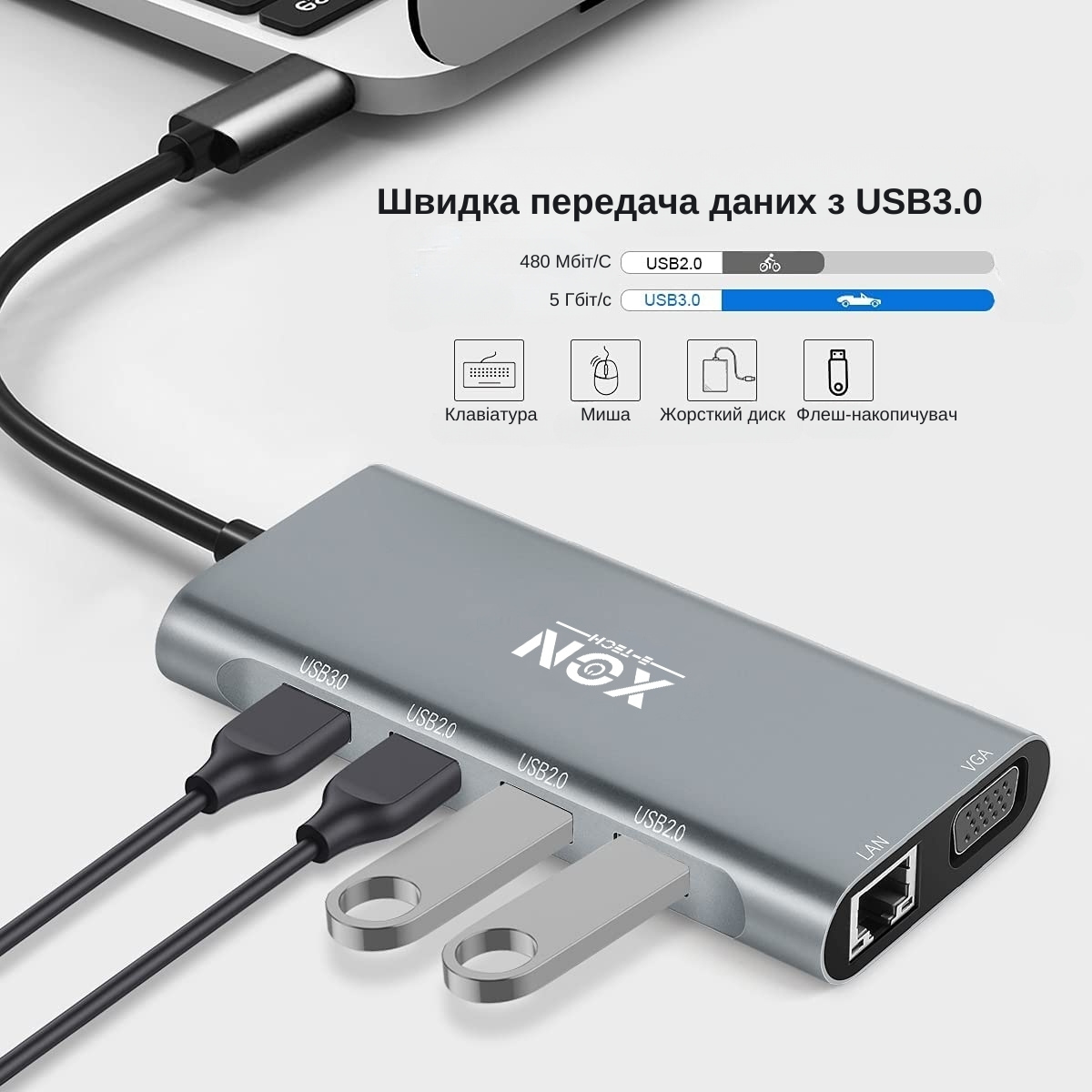 USB-хаб XON SmartHub 11в1 Сірий (UHCHP113322G 5269) - фото 4