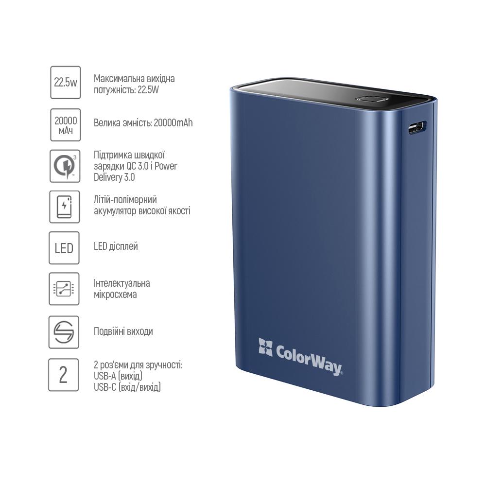 Повербанк ColorWay Full power USB QC3.0 + USB-C Power Delivery 22,5 W 20000 mAh Blue (CW-PB200LPG2BL-PDD) - фото 2