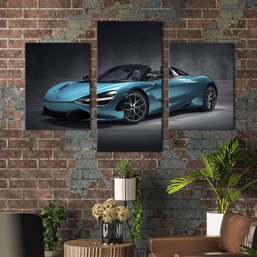Картина на холсте триптих Яркое голубое авто McLaren 650S 96x60 см (1355-32)