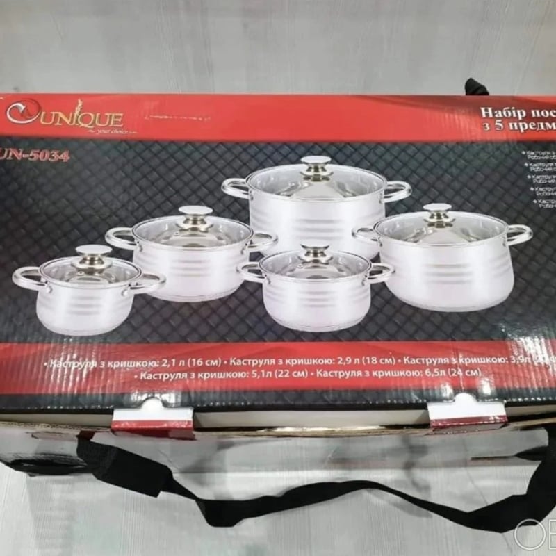 Набір посуду Unique UN-5034 каструлі з нержавіюча сталі з скляними кришками 10 пр. (23793745) - фото 4 Набір посуду Unique UN-5034 каструлі з нержавіюча сталі з скляними кришками 10 пр. (23793745) - фото 4