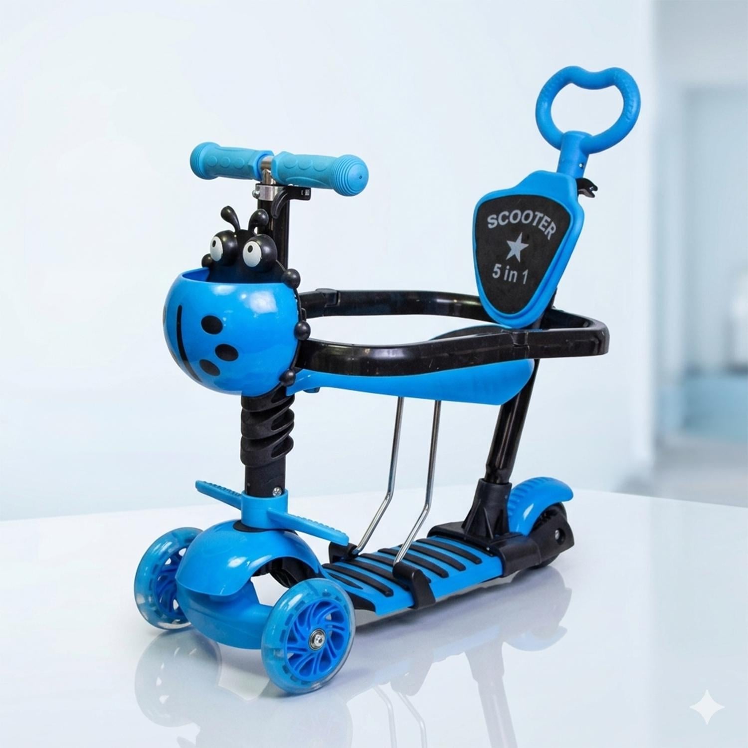 Детский самокат с сидением родительской ручкой и бортиками 5в1 Божья коровка 18-7 Голубой (34185428)