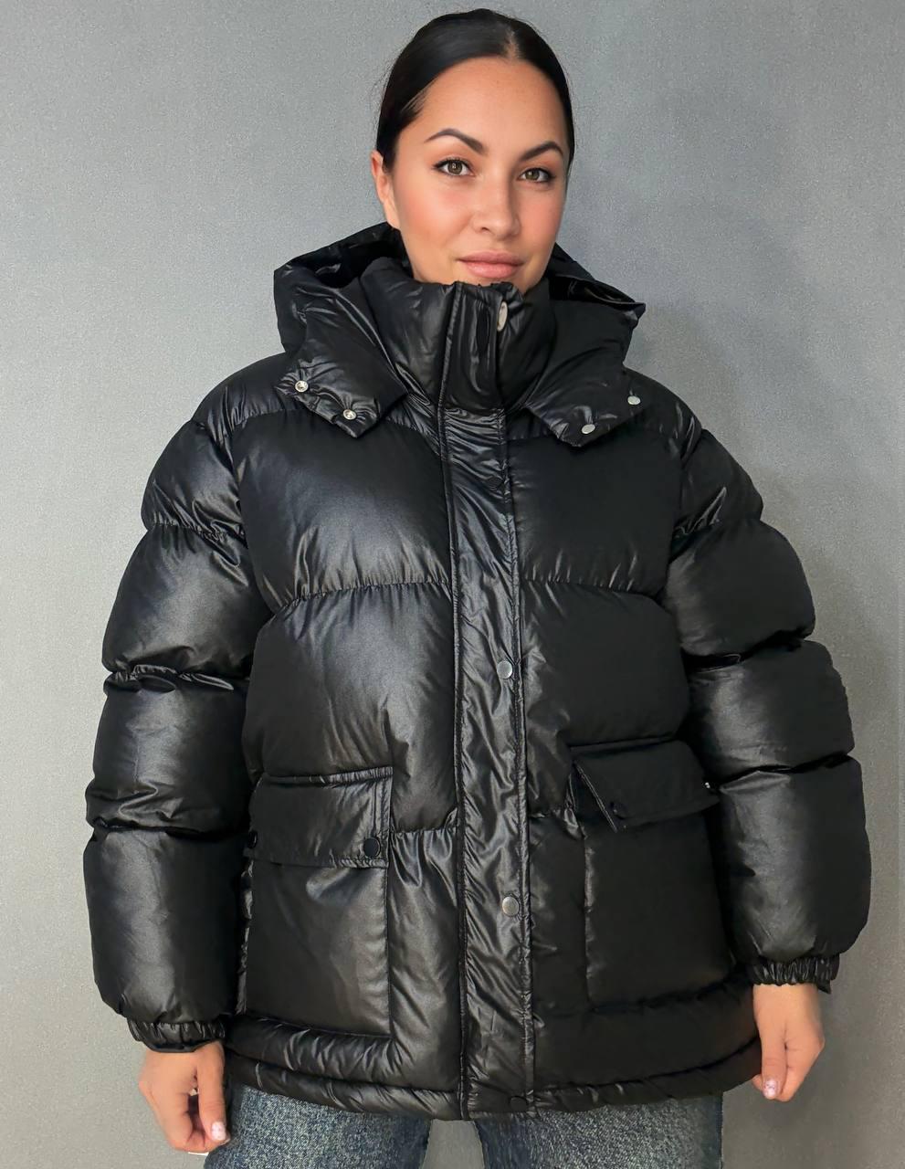 Куртка жіноча A-N 30046 глянцева пуффер подовжена з капюшоном S/M Чорний (5894)