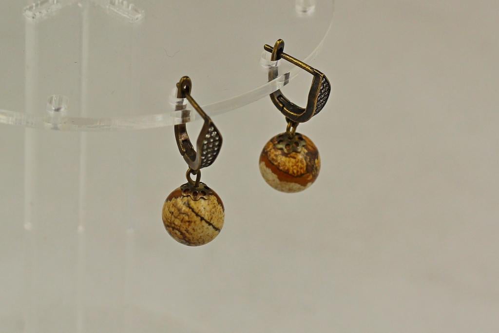 Серьги подвески шарика яшма пешеная 3,2 см 12 мм бронзовая фурнитура (34068286)