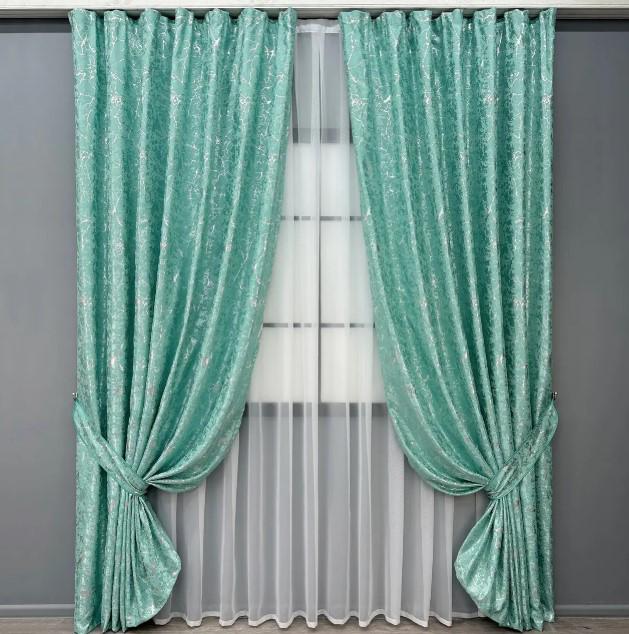 Комплект штор в гостиную/спальню Royal Textile лен мрамор 2х2,7м 2 шт. Бирюзовый (2010ш 32-484)