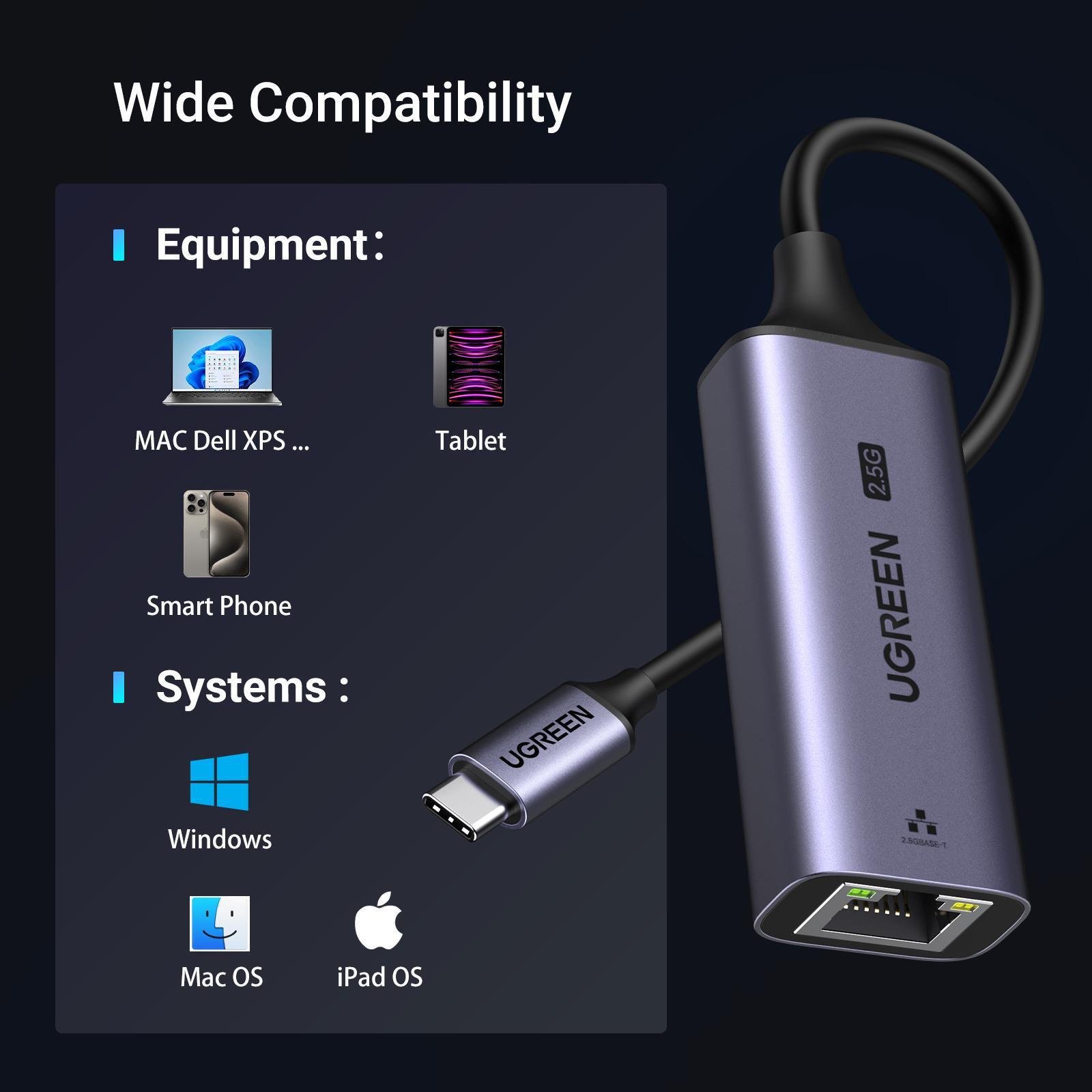 Мережева карта UGREEN Type-C-Ethernet 2.5 Гбіт/с LAN USB-C до Rj45 2500 Мбіт/с металевий Сірий (25052) - фото 5